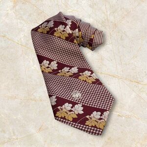 Vintage Oleg Cassini Burgundy Gold 4” Wide Textured Tie Floral Houndstooth